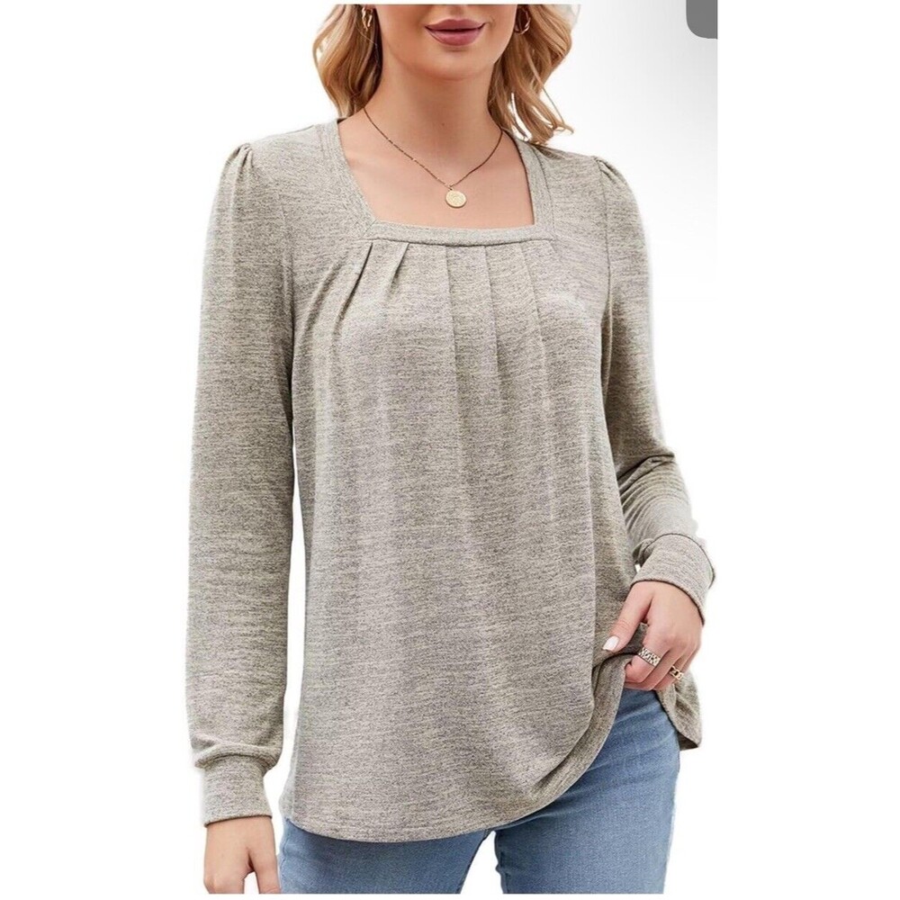 Cicibird Women's Square Neck‎ Tunic Puff Long Sleeve Shirt Gray Size L